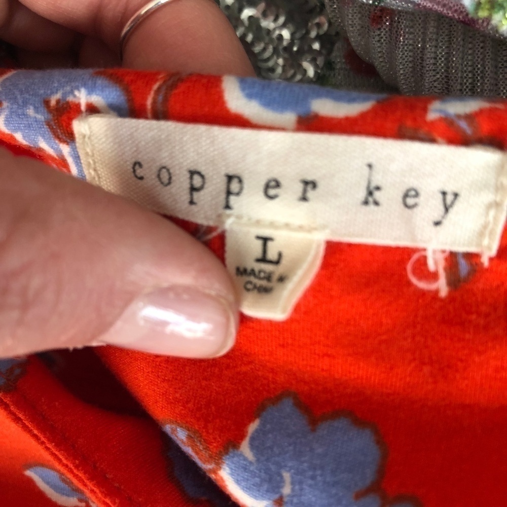 Copper Key Red and Blue Floral Ruffle Dress, Large - Picture 7 of 7